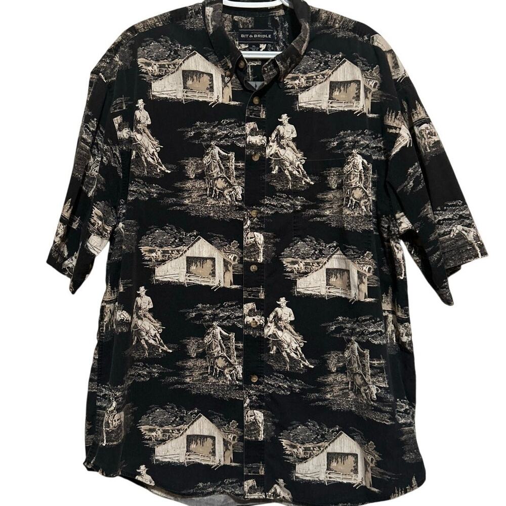 Bit & Bridle Men's Black White‎ Barn Cowboy Short Sleeve Button Down Size XL
